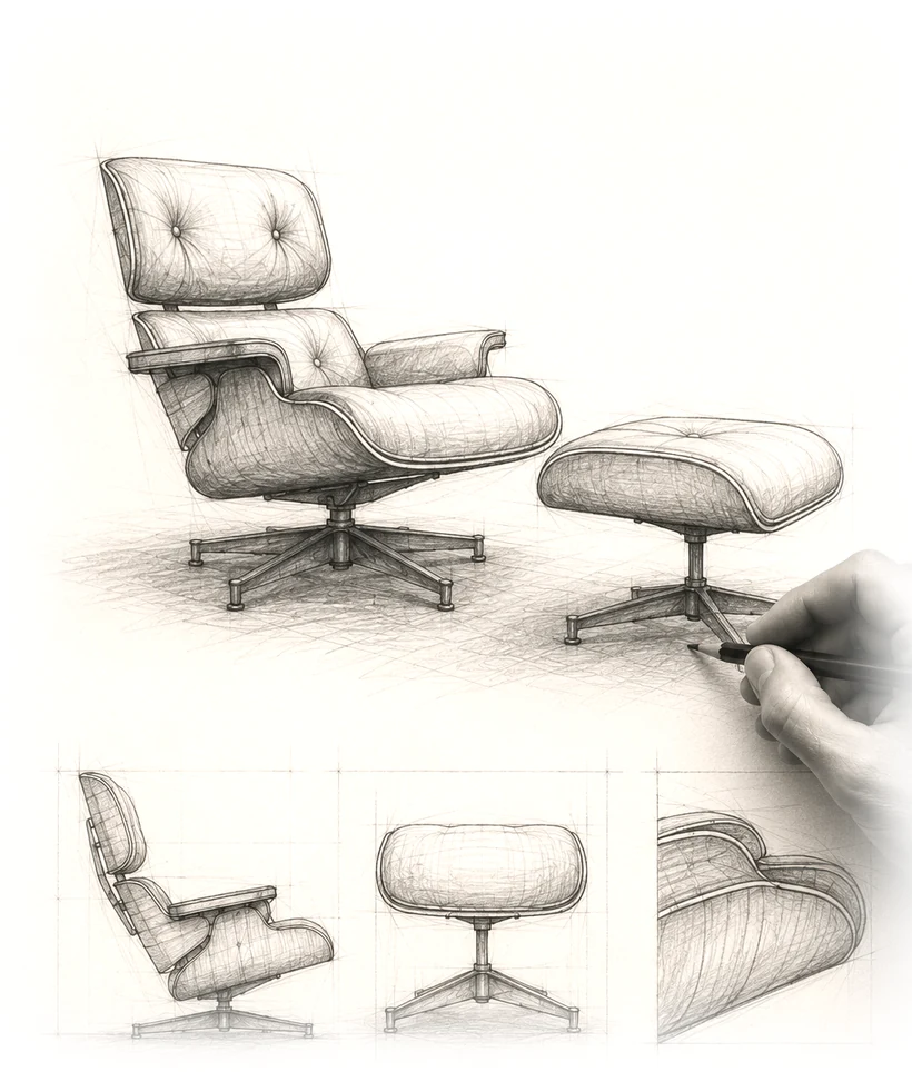 Eames Lounge Chair 670 & Ottoman — эскиз, Charles & Ray Eames, 1956